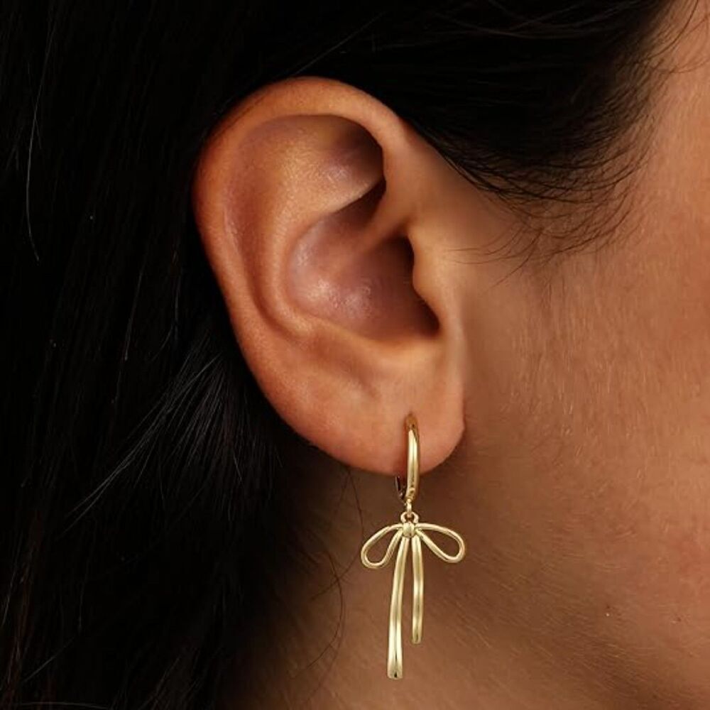 CZ Pearl Drop Gold Bow Earrings For Women Jewelry Huggie Hoop Stud Earrings - Picture 3 of 5